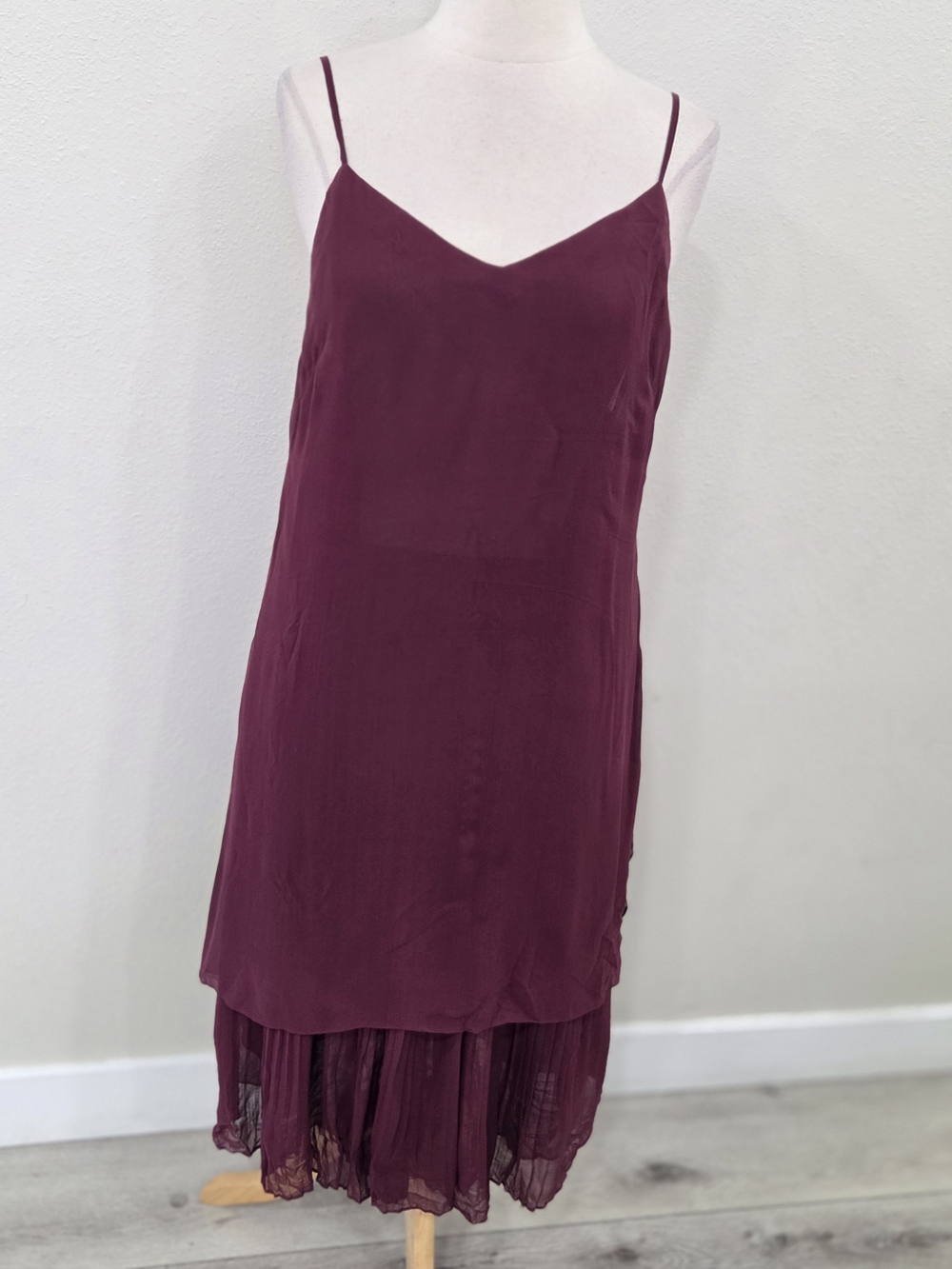 Women's Burgundy Silk Midi Dress with Layered Hem